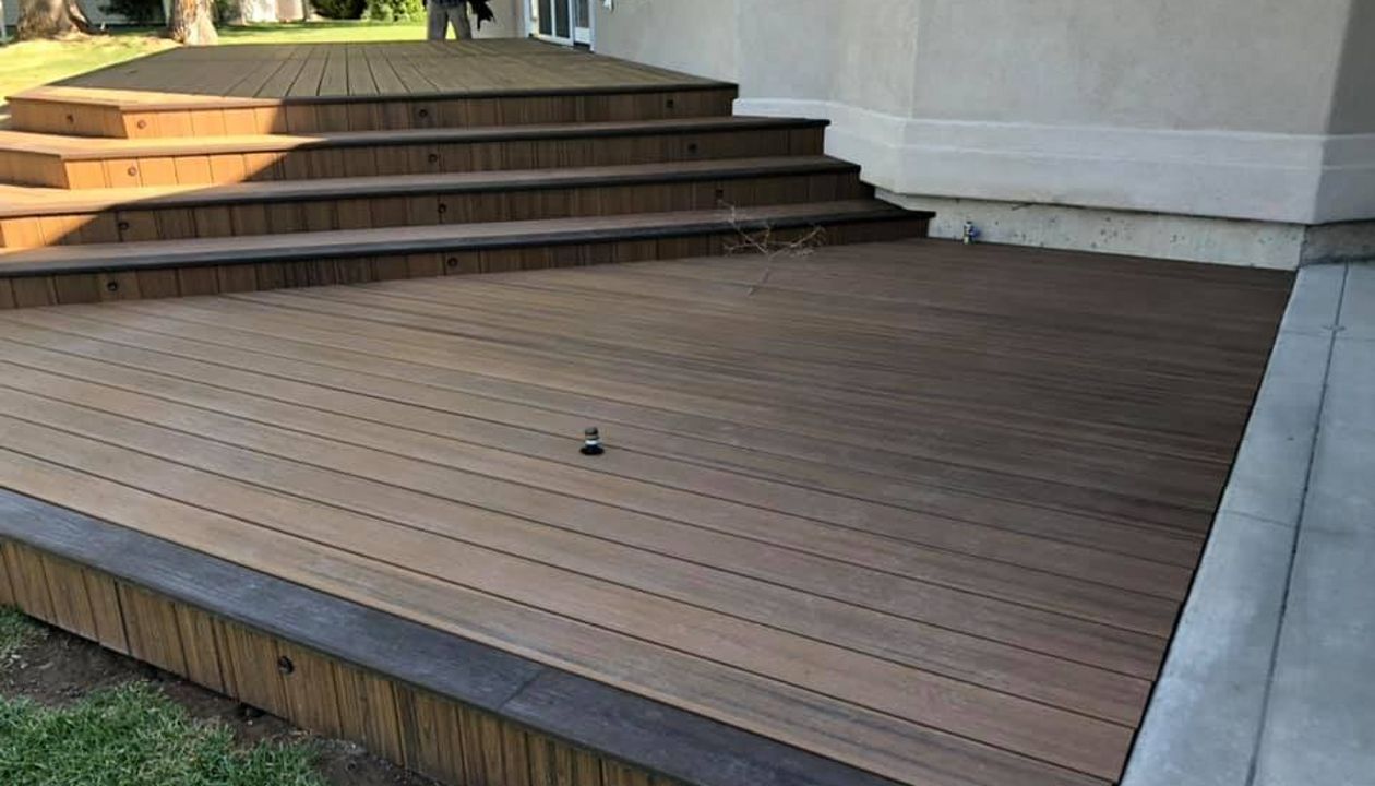 Lower platform of new deck with Trex Havana Gold and trimmed with Spiced Rum