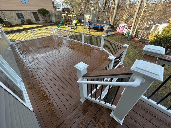 Amazing 600 Square Foot Outdoor Living Space, Trex Select Saddle Decking with Trex Select Railings with Cocktail Rails, in Wakefield, MA