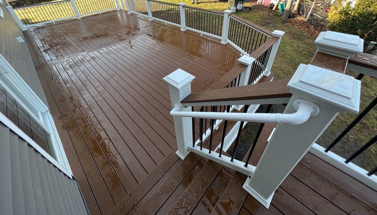 Amazing 600 Square Foot Outdoor Living Space, Trex Select Saddle Decking with Trex Select Railings with Cocktail Rails, in Wakefield, MA