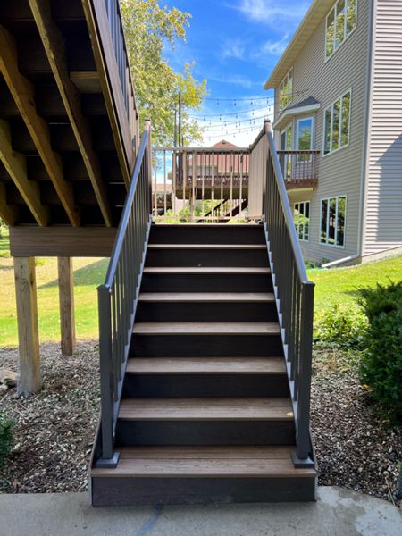Two-Tone, picture framed, Low maintenance, Trex composite decking, aluminum railing, Rochester, MN area, built by Schmidt Carpentry LLC
