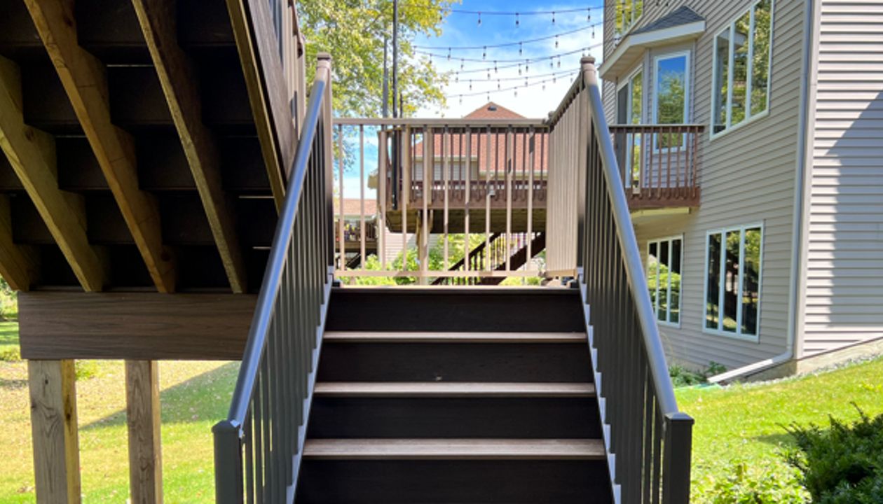 Two-Tone, picture framed, Low maintenance, Trex composite decking, aluminum railing, Rochester, MN area, built by Schmidt Carpentry LLC