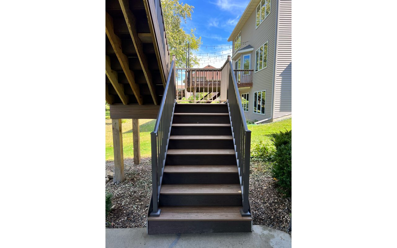 Two-Tone, picture framed, Low maintenance, Trex composite decking, aluminum railing, Rochester, MN area, built by Schmidt Carpentry LLC