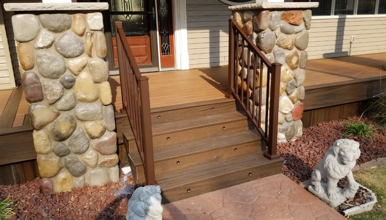 Transcend Tiki Torch and Spiced Rum Decking with Stair Riser Lighting and Signature Railing, Red Wing MN