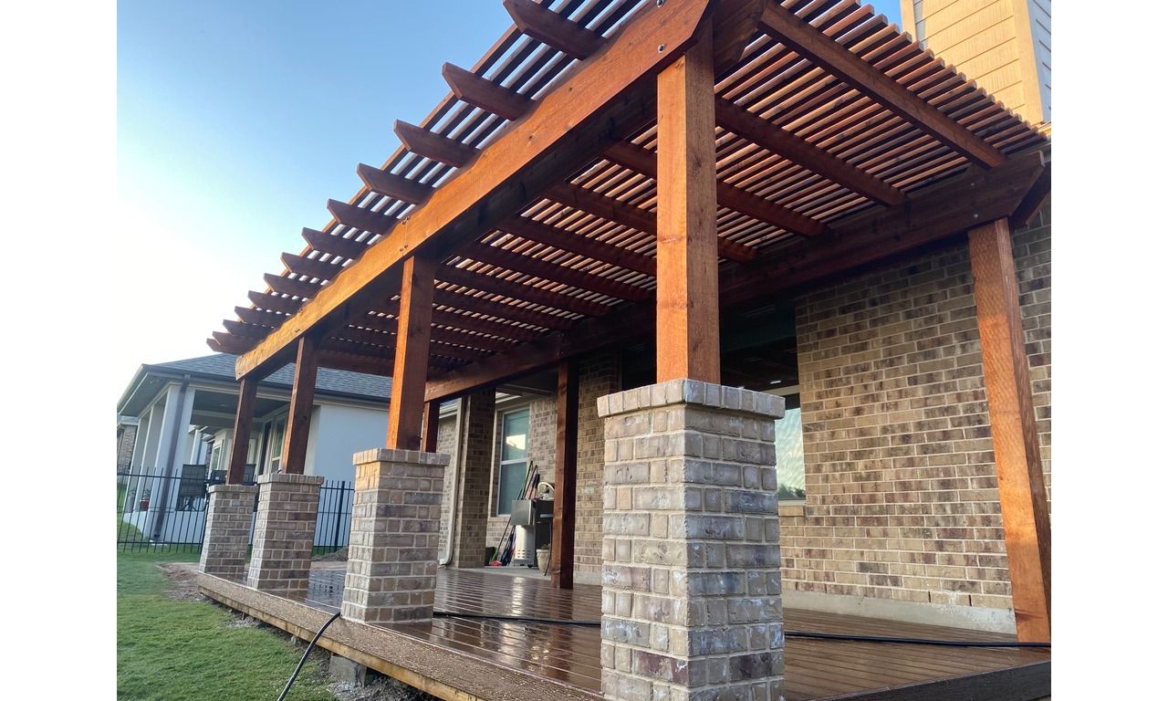 Trex Saddle with Brick Columns and Cedar Shade Arbor