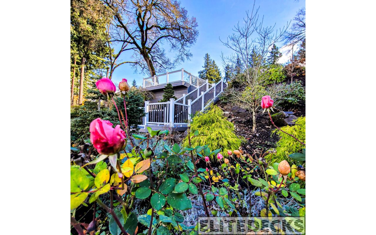 rex Island Mist Transcend with White Glass railing Deck