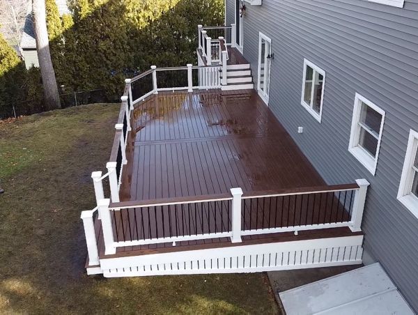 Amazing 600 Square Foot Outdoor Living Space, Trex Select Saddle Decking with Trex Select Railings with Cocktail Rails, in Wakefield, MA