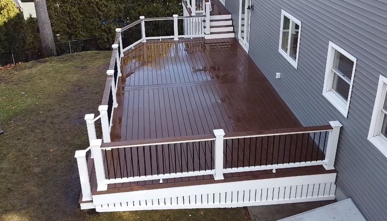 Amazing 600 Square Foot Outdoor Living Space, Trex Select Saddle Decking with Trex Select Railings with Cocktail Rails, in Wakefield, MA