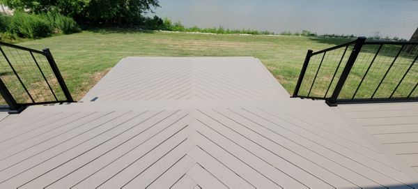 2800 sqft Trex Transcends Gravel Path Floating Deck and House, Herringbone Pattern From House to Grade