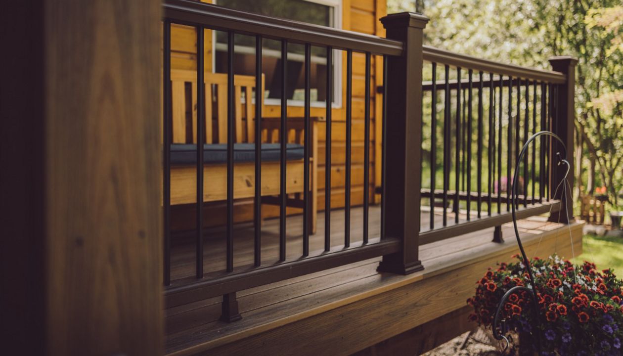 Trex Transcend Havana Gold paired Vintage Lantern rail system compliment this honey-colored home.