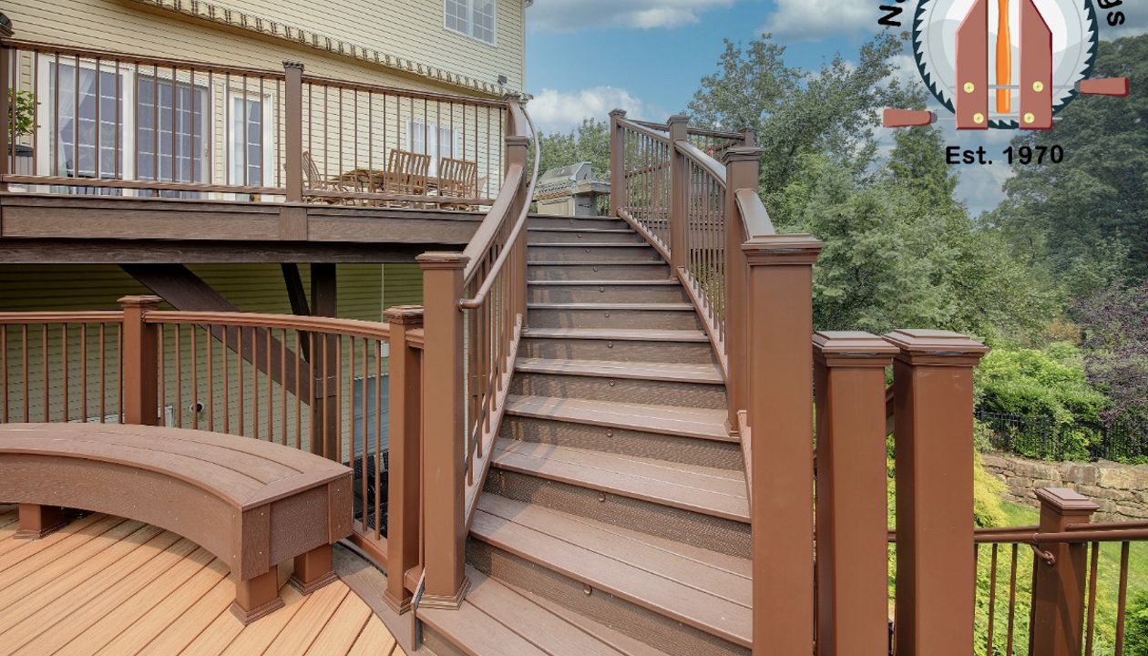Custom Curved stairway leading to a round deck with curved benches.