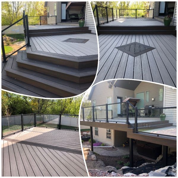 Trex Rope Swing decking with Spiced Rum Accent. Glass Aluminum railing