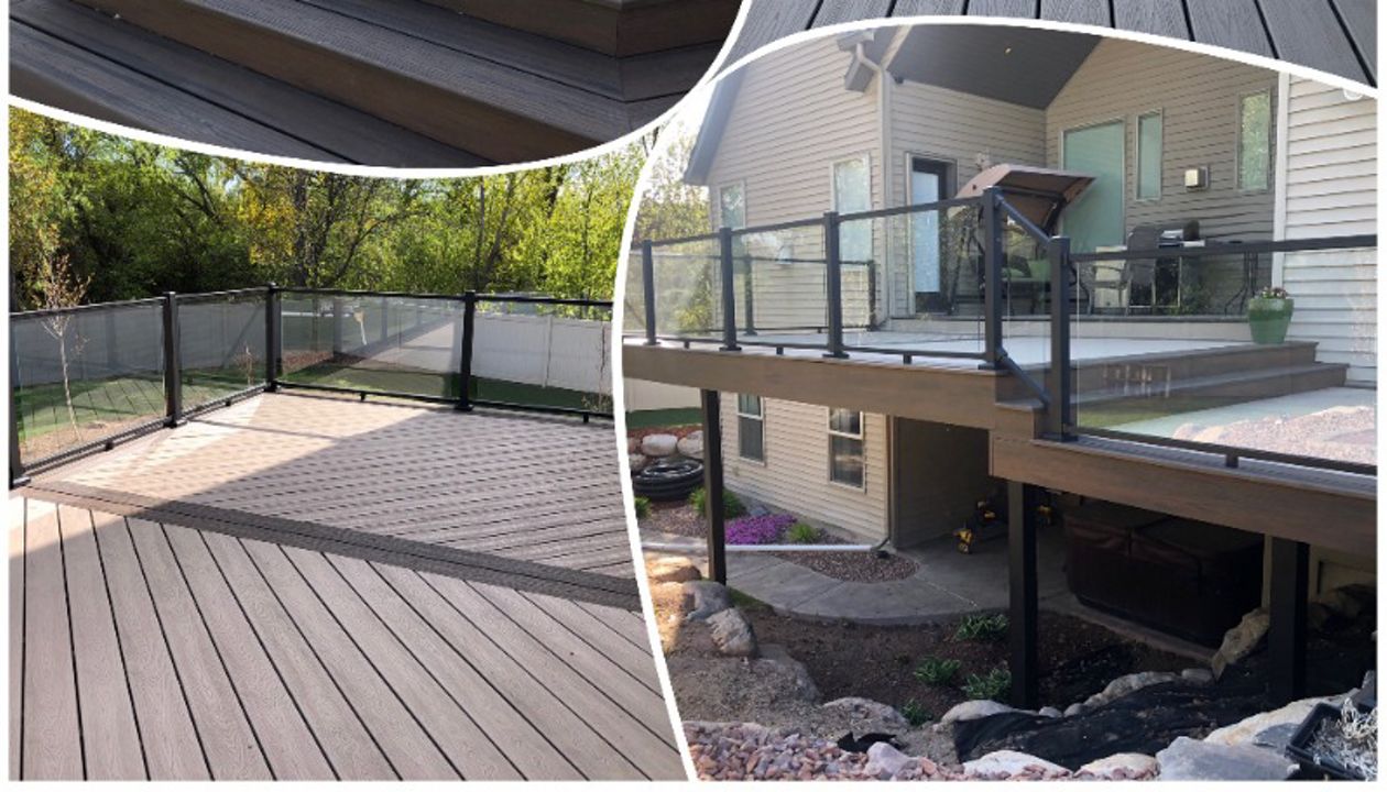 Trex Rope Swing decking with Spiced Rum Accent. Glass Aluminum railing