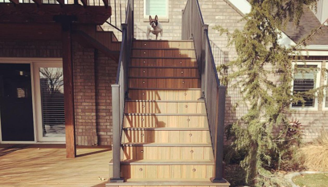 Staircase done in Trex Havana Gold and trimmed with Spiced Rum, Trex lighting on each step