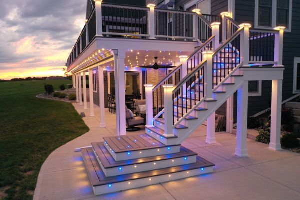 Island Mist Decking on waterfall stairs & LED riser lights