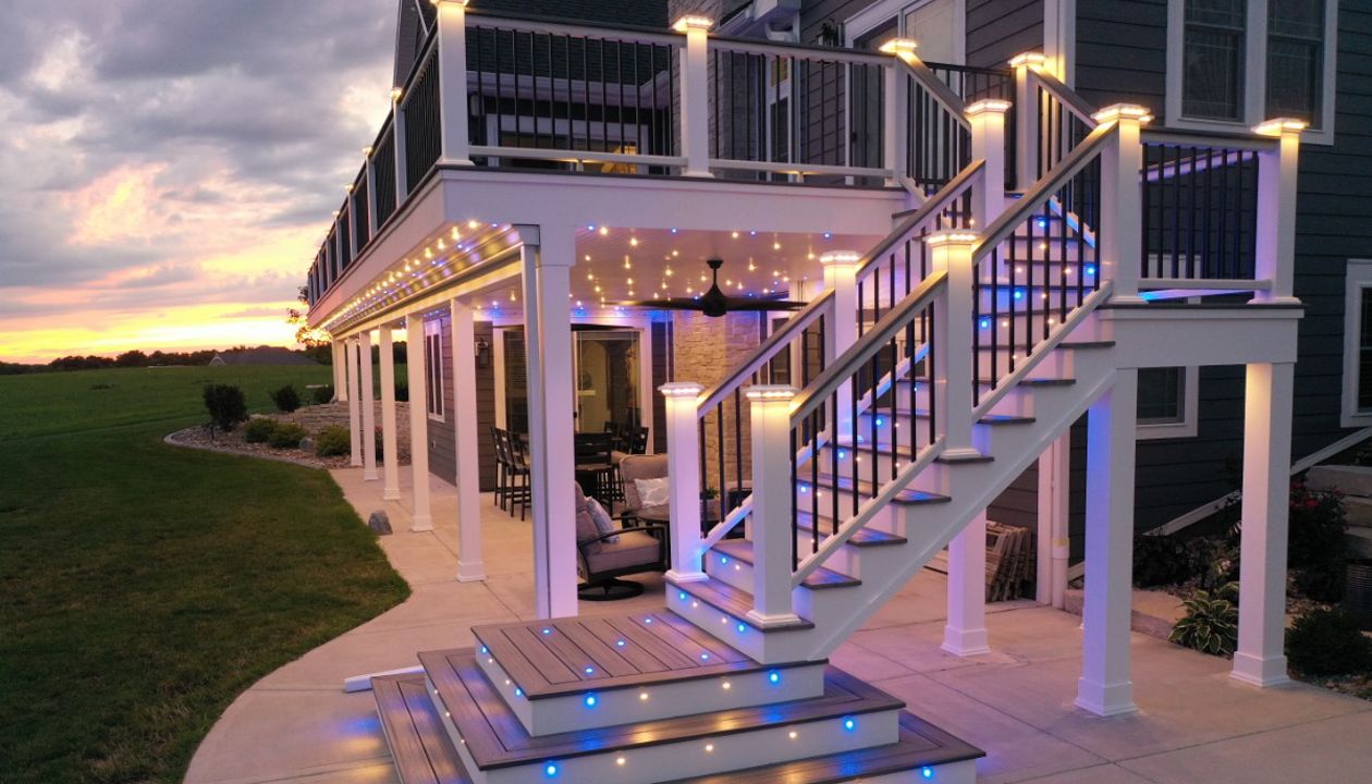 Island Mist Decking on waterfall stairs & LED riser lights