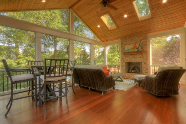Custom Porch with Trex Rails, Cathedral Ceiling, Fireplace