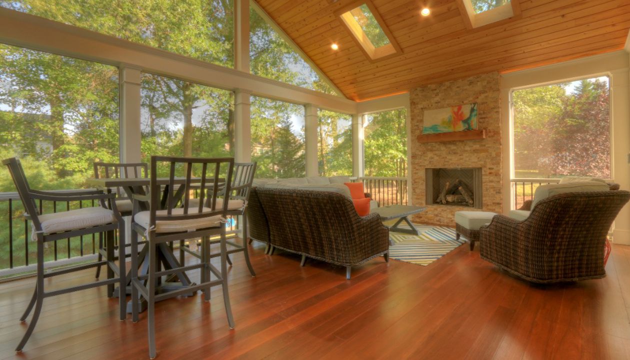 Custom Porch with Trex Rails, Cathedral Ceiling, Fireplace