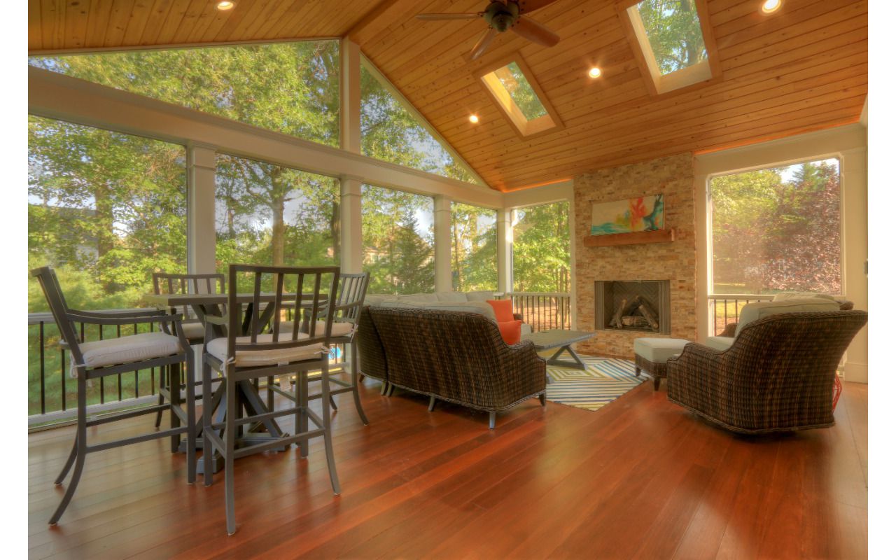 Custom Porch with Trex Rails, Cathedral Ceiling, Fireplace