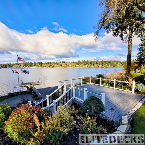 rex Island Mist Transcend with White Glass railing Deck