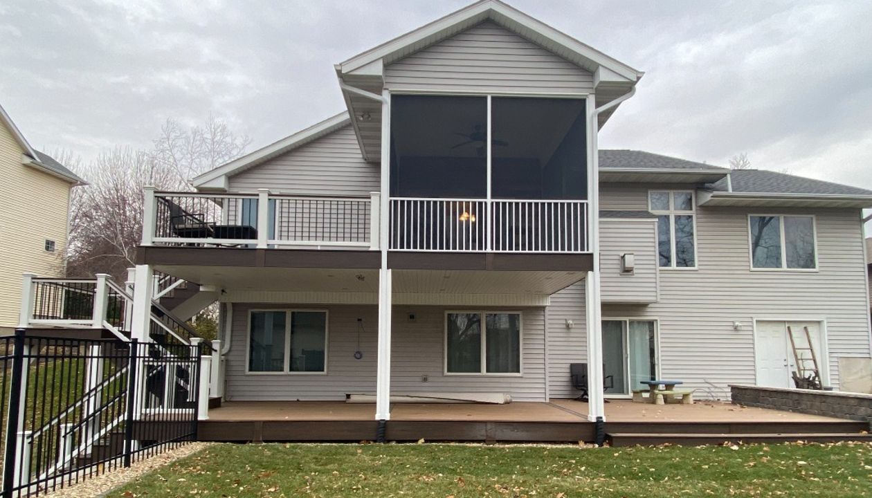 Trex Transcends Havana Gold Decking, Select Railings, Rain Escape Ceiling, 2 Level Deck, & A Lot Of Detail