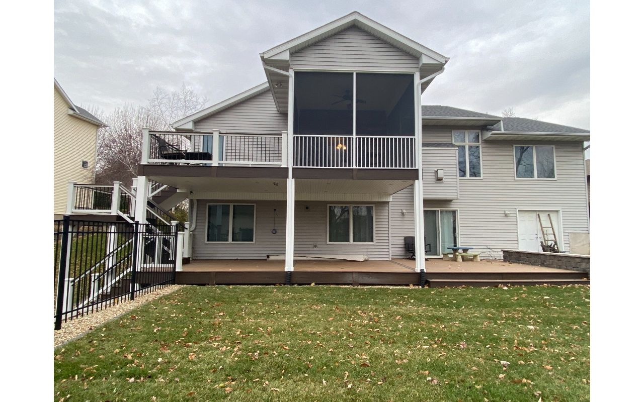 Trex Transcends Havana Gold Decking, Select Railings, Rain Escape Ceiling, 2 Level Deck, & A Lot Of Detail
