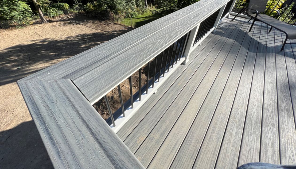 Custom Built-In Bar Top into Trex Transcend Railings with Cocktail Rails, Trex Transcend Island Mist, in Ipswich, MA