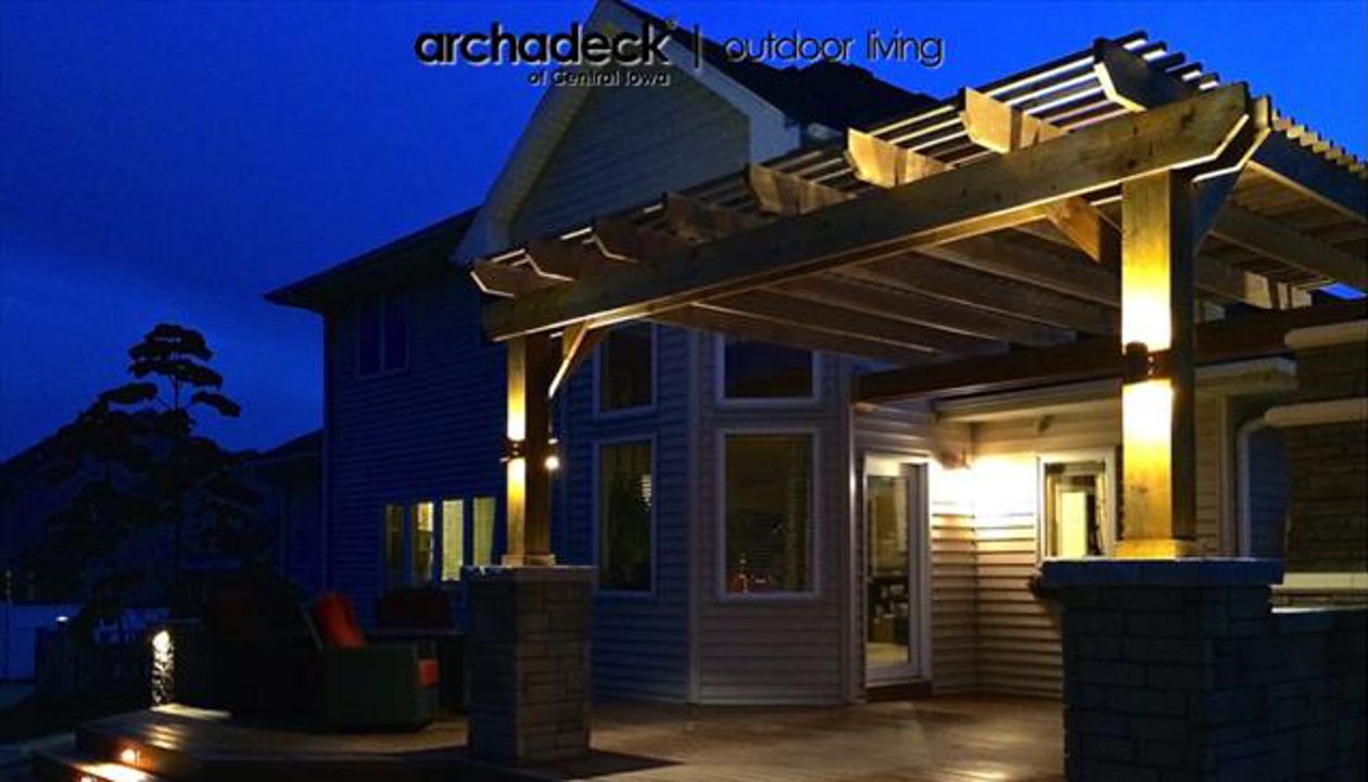 Nighttime, Trex Transcends Deck, Pergola, Brick Oven, Ames