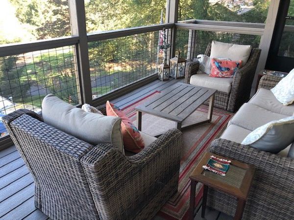 We created a great living space in on this Trex Enhnace Naturals Rocky Harbor screened porch area