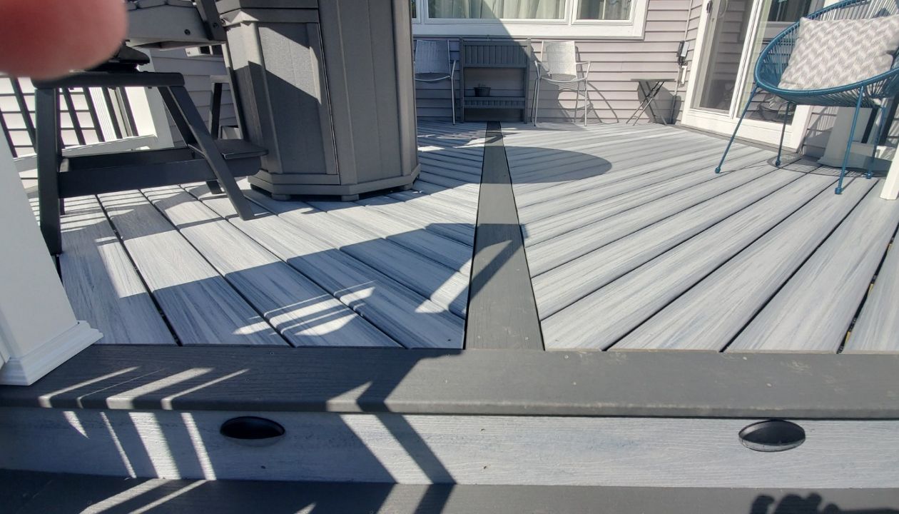 Foggy Wharf and Clamshell Gray with Trex Trascend decking (and unfortunately my big fat finger)