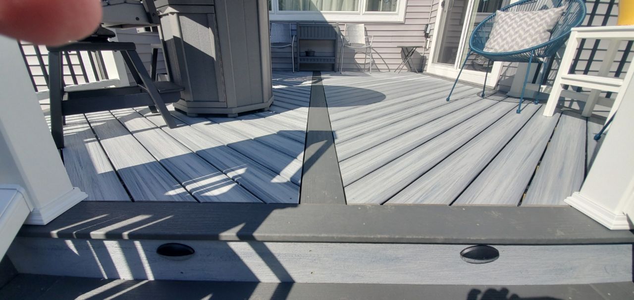 Foggy Wharf and Clamshell Gray with Trex Trascend decking (and unfortunately my big fat finger)