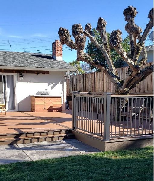 Trex Transcend Tropicals Tiki Torch deck, Spiced Rum framing, Transcend Cocktail Railing,Transcend Martinez CA