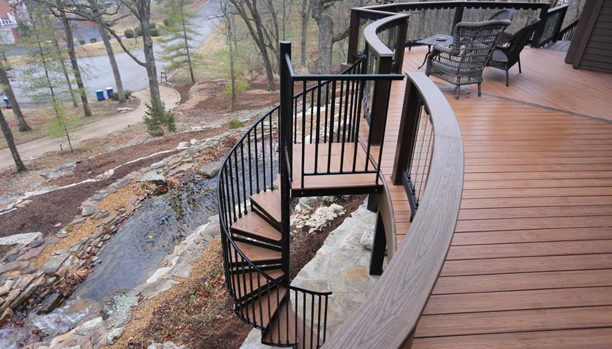 Custom Trex Deck with Curved Decking and Spiral Stairs