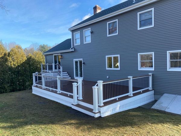 Amazing 600 Square Foot Outdoor Living Space, Trex Select Saddle Decking with Trex Select Railings with Cocktail Rails, in Wakefield, MA