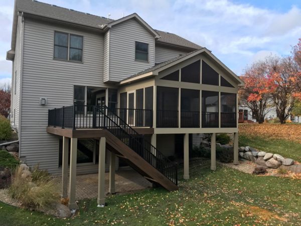 Maple Grove screen porch/ deck Spiced rum decking and Signature rail