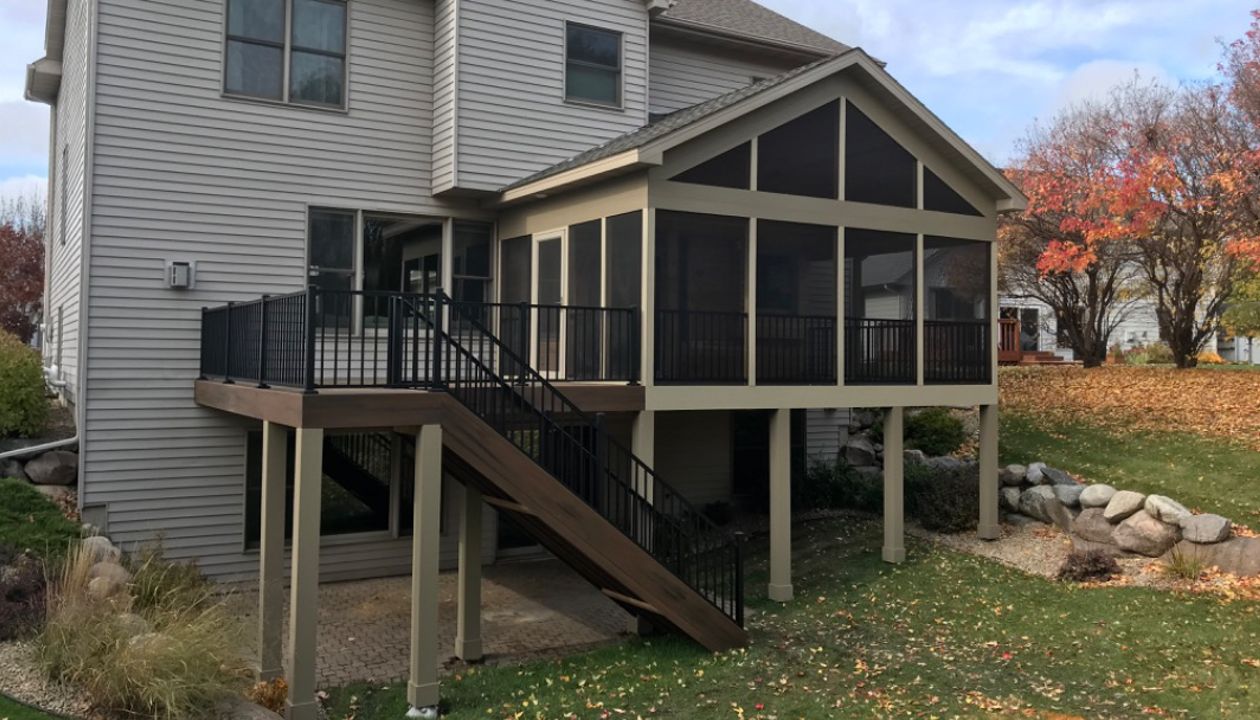 Maple Grove screen porch/ deck Spiced rum decking and Signature rail
