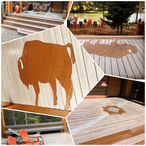 Trex Rocky Harbor decking with Select Saddle and Foggy Warf curved inlay.