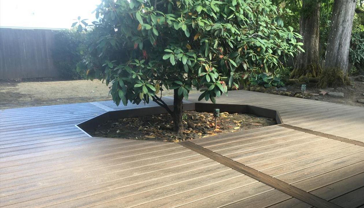 Spiced Rum decking with the expansion dividers centered on the tree cut out