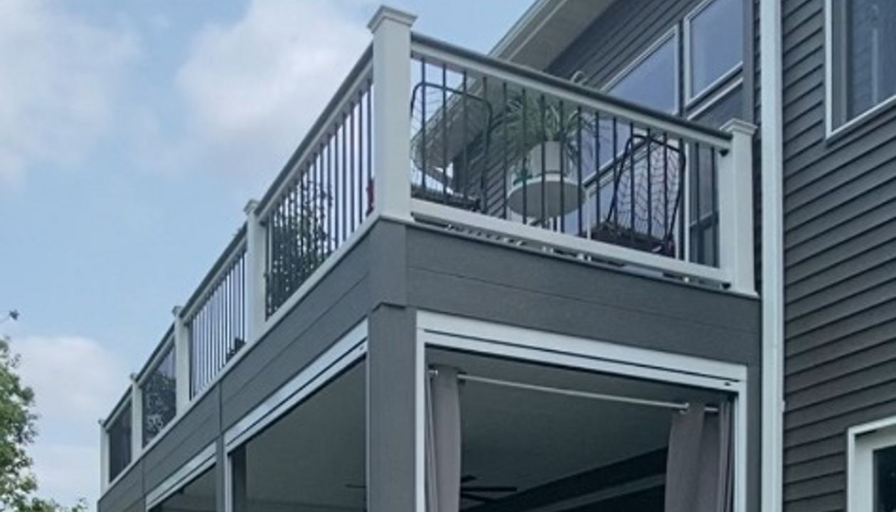 Trex Select Pebble Gray Decking, Select Railings, Rain Escapes Ceiling, Phantom Screens, 2 Level Deck, & A Lot Of Detail