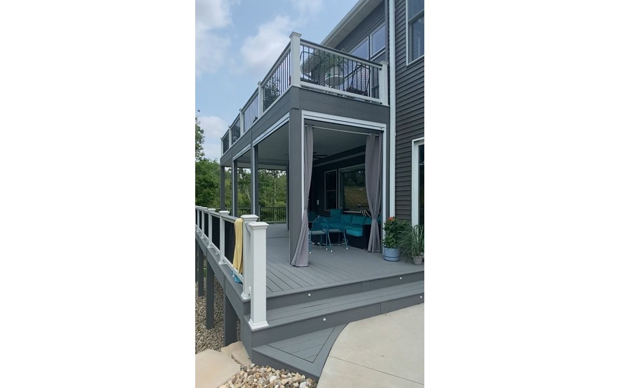 Trex Select Pebble Gray Decking, Select Railings, Rain Escapes Ceiling, Phantom Screens, 2 Level Deck, & A Lot Of Detail