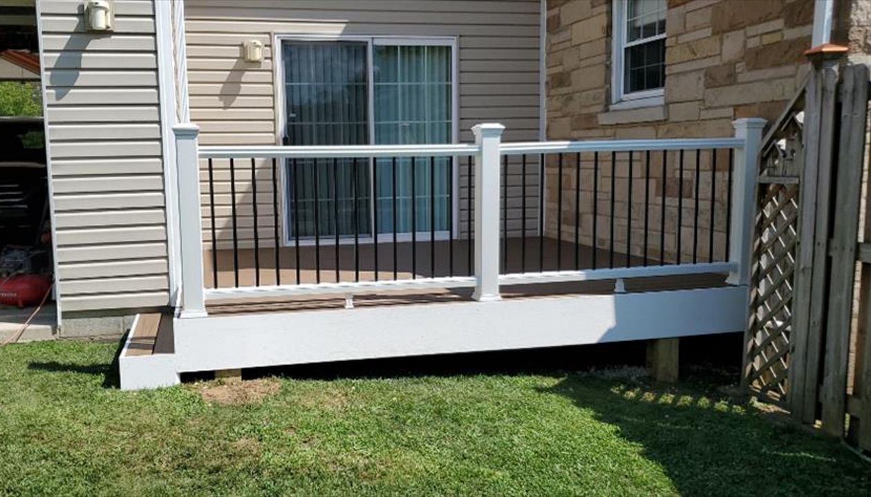 Toasted Sand with White Railing and Black Balusters