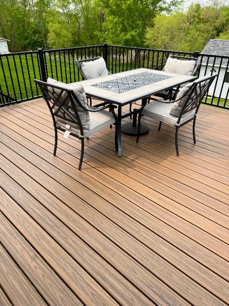 Trex Transcends composite decking, Havana Gold, picture frame, Trex Signature aluminum railing, Rochester area
