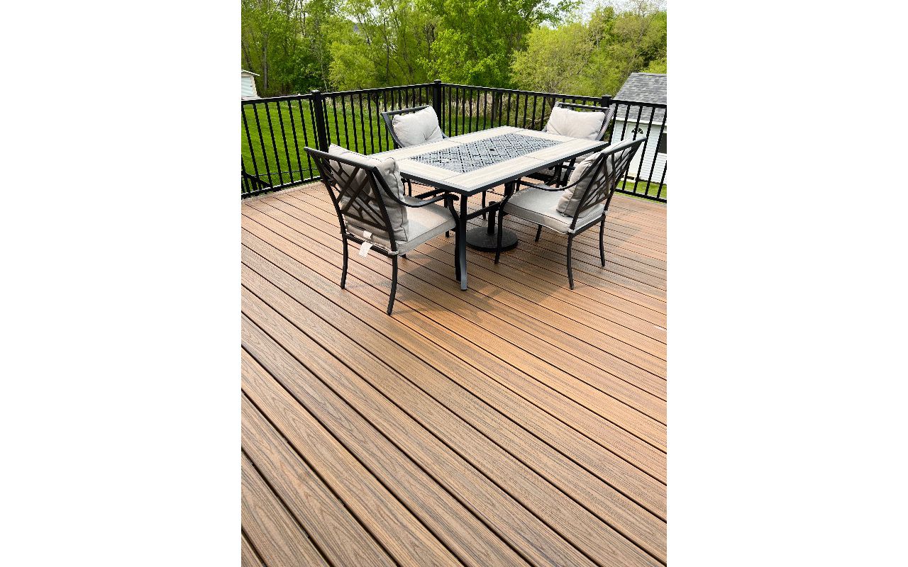 Trex Transcends composite decking, Havana Gold, picture frame, Trex Signature aluminum railing, Rochester area