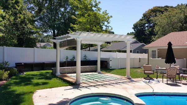 Customer TREX Pergola with ShadeTree fabric screen in Norwalk CT.  We also used a Trex Outdoor Kitchen and Trex outdoor furniture