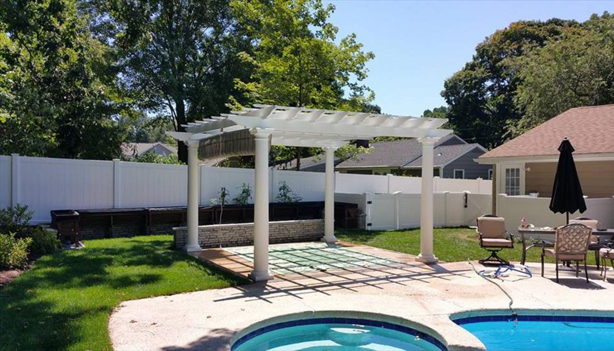 Customer TREX Pergola with ShadeTree fabric screen in Norwalk CT.  We also used a Trex Outdoor Kitchen and Trex outdoor furniture