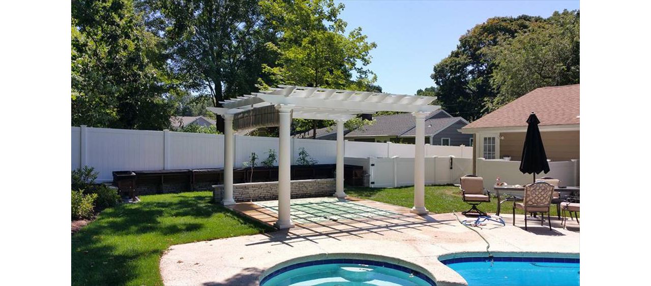 Customer TREX Pergola with ShadeTree fabric screen in Norwalk CT.  We also used a Trex Outdoor Kitchen and Trex outdoor furniture