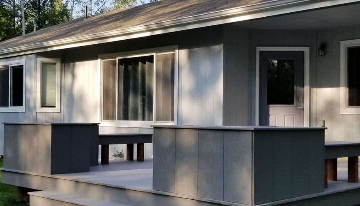 Tres select pebble grey decking and custom flower boxes