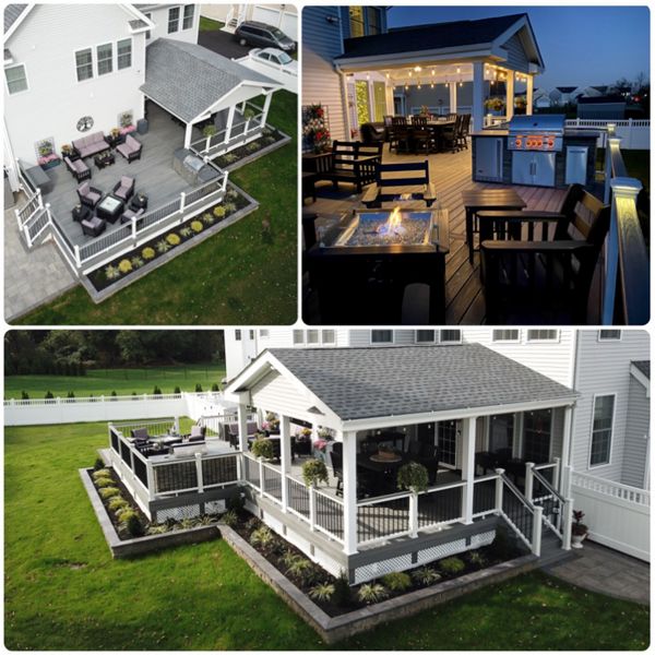 Trex Transcend Island Mist with a covered roof on part of the deck for a outdoor living area.