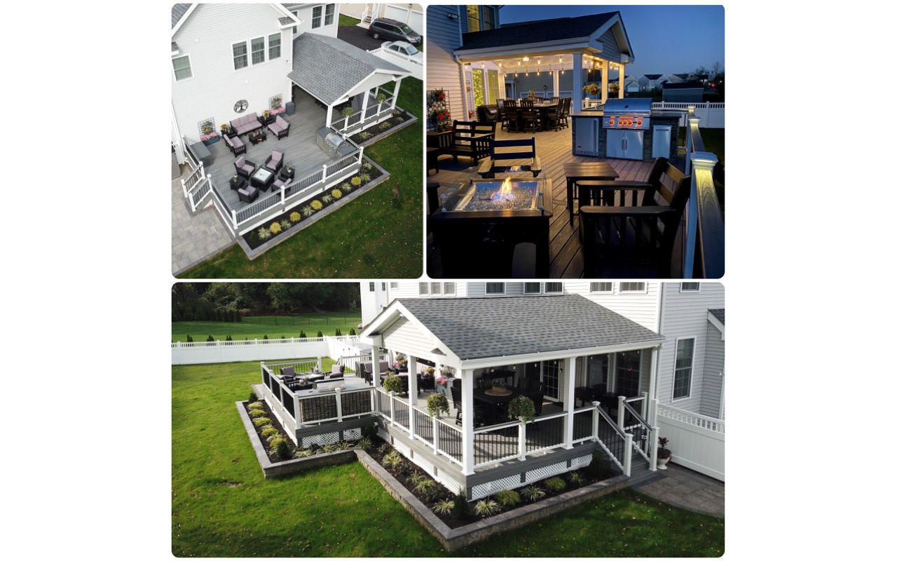 Trex Transcend Island Mist with a covered roof on part of the deck for a outdoor living area.