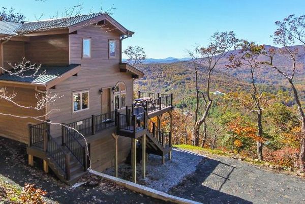 View from above on this great Trex outdoor deck which wraps around this custom home.