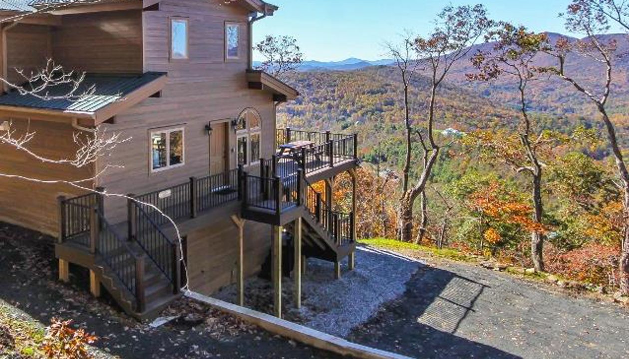 View from above on this great Trex outdoor deck which wraps around this custom home.